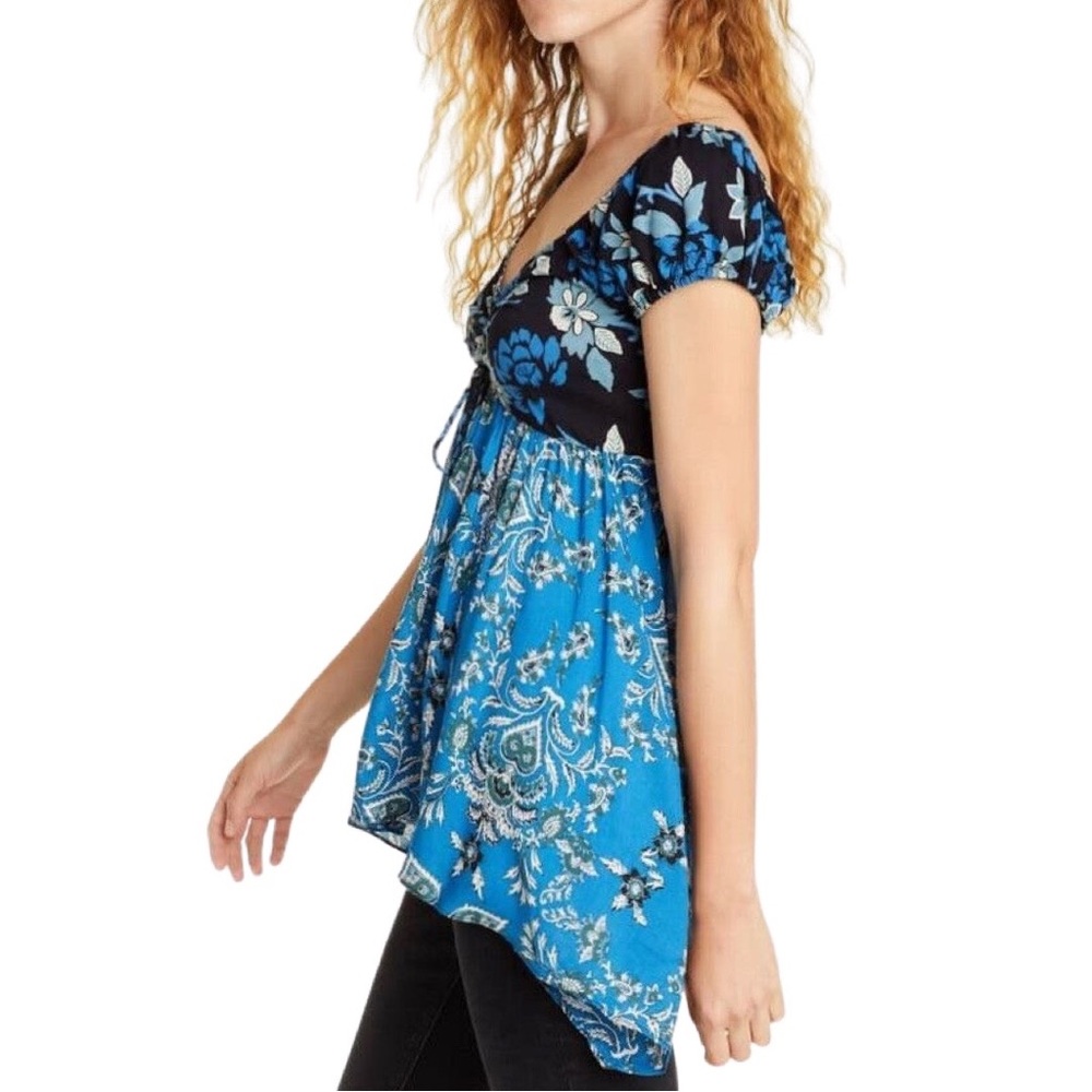 🎩🗝️ NWT $78 Free People La Bamba Babydoll Top Black Combo - Picture 3 of 8